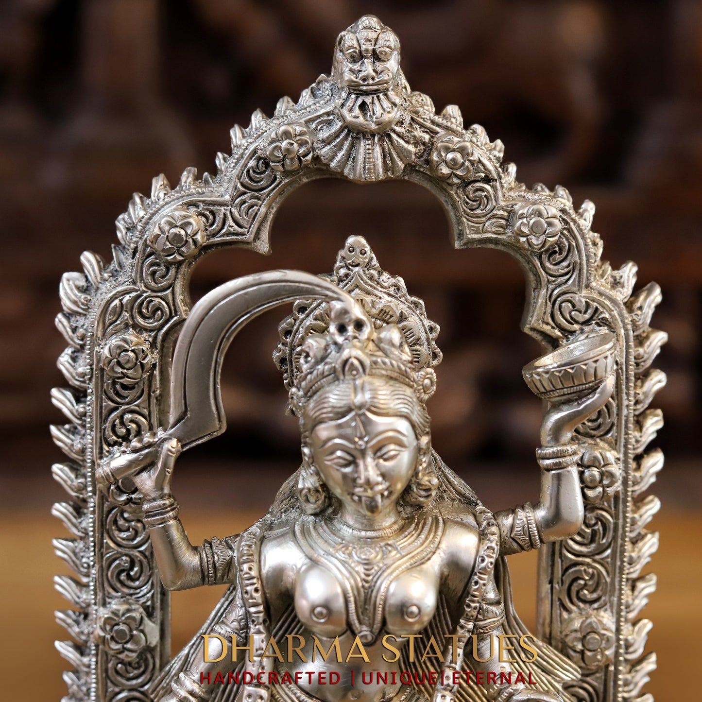 Brass Kaali standing with Arch, Silver Fine Finish 11"