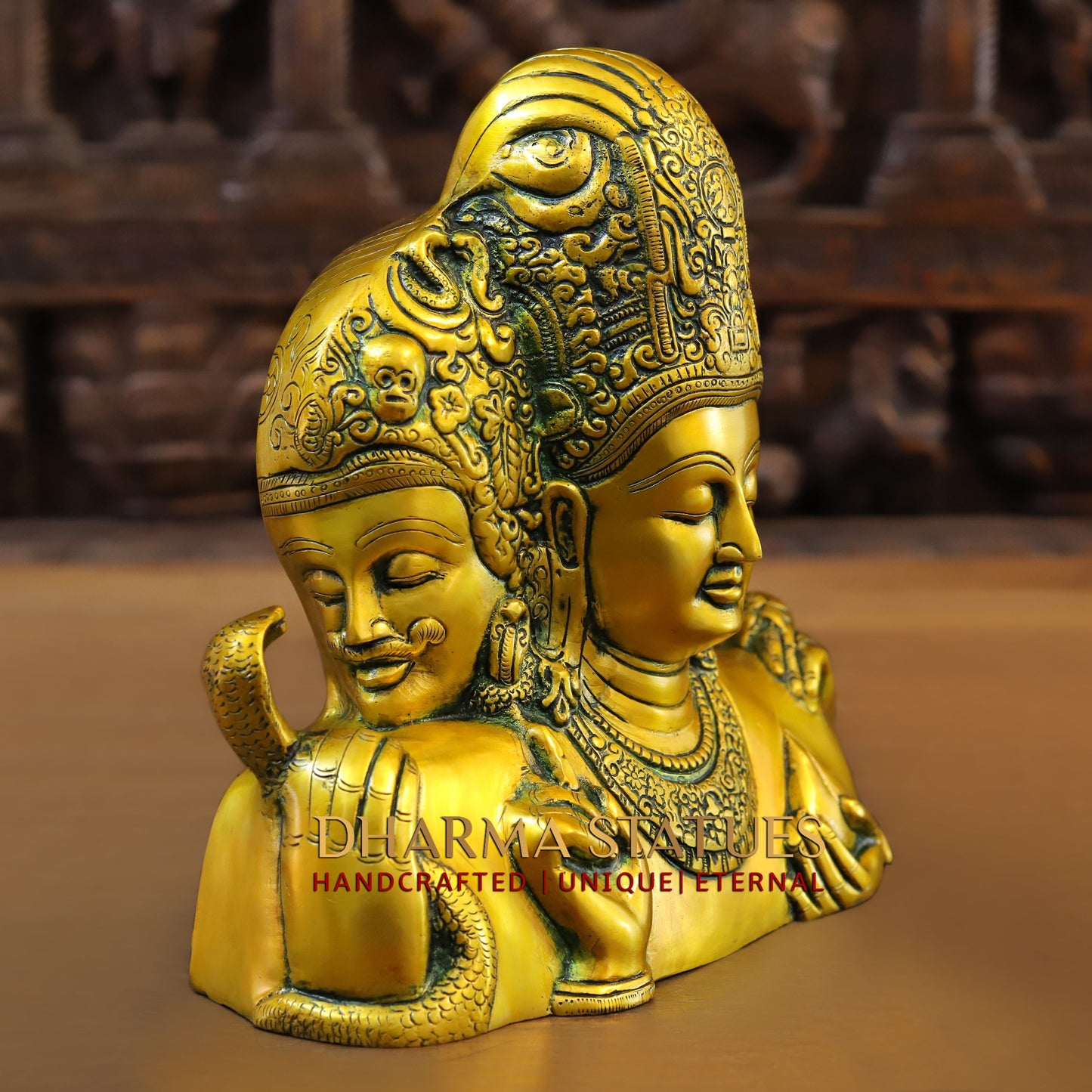 Brass Trimurti of Brahma, Vishnu & Mahesh, Green patina & Golden Finish, 9.5"