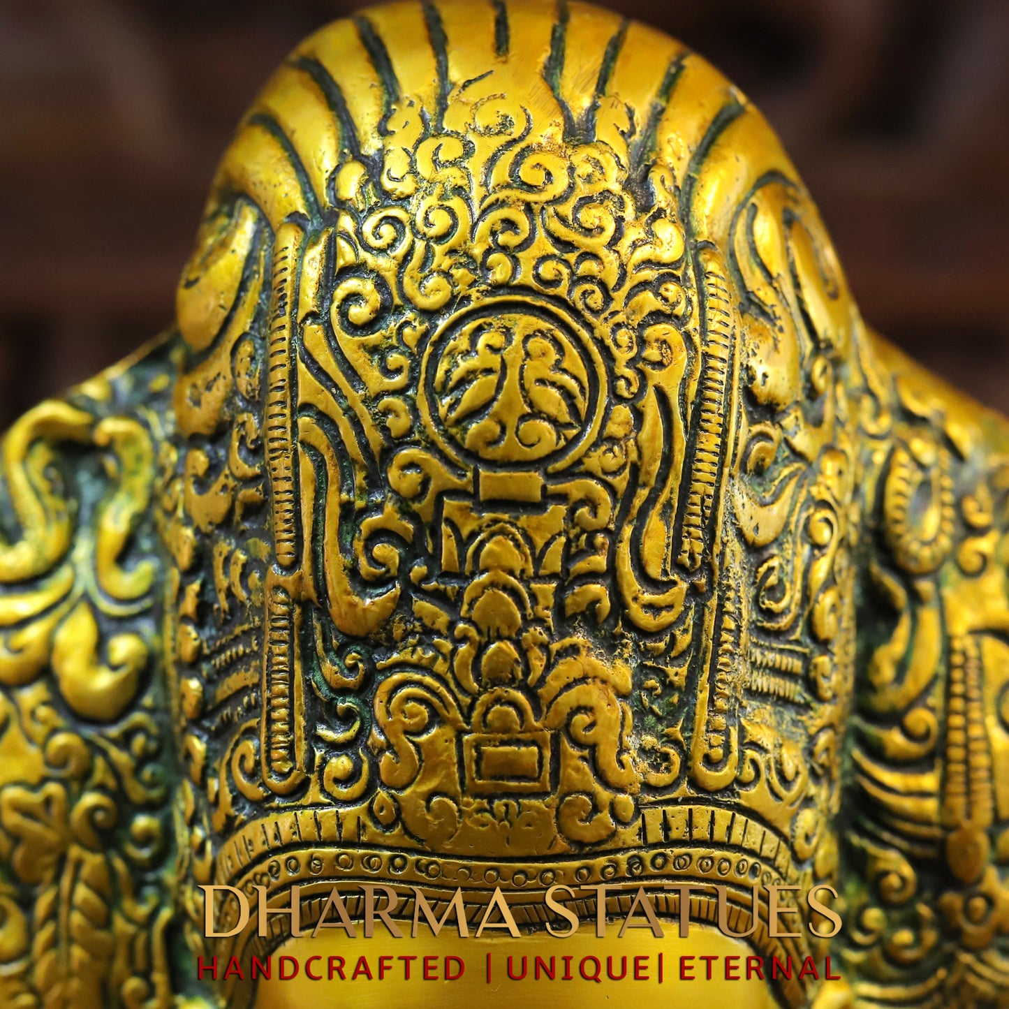 Brass Trimurti of Brahma, Vishnu & Mahesh, Green patina & Golden Finish, 9.5"