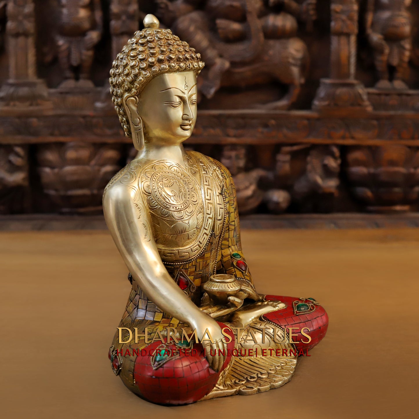Brass Buddha seated, Bhumisparsha Mudra, Golden & Stonework, 12"