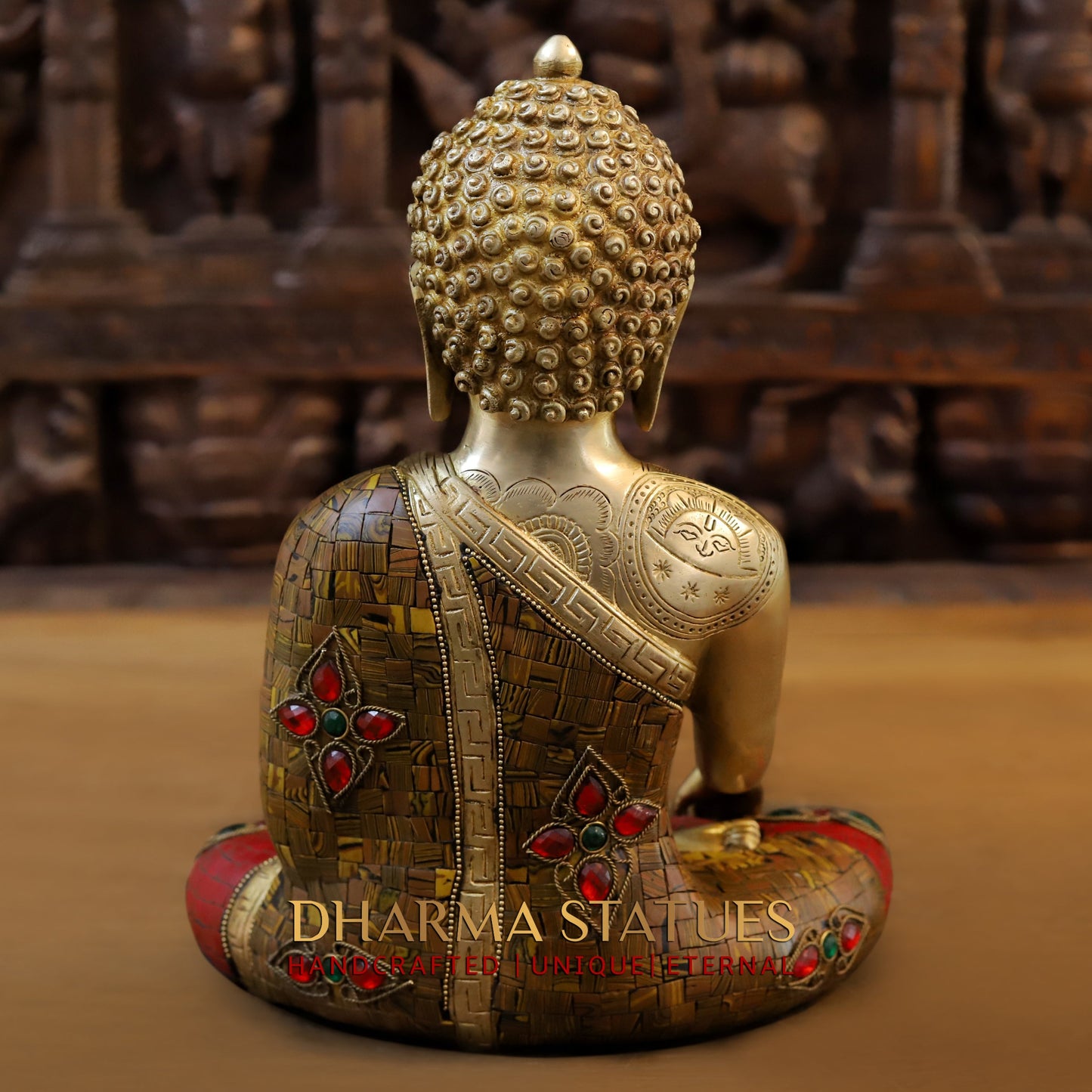 Brass Buddha seated, Bhumisparsha Mudra, Golden & Stonework, 12"