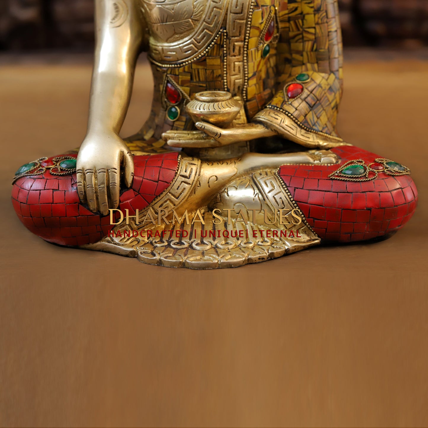 Brass Buddha seated, Bhumisparsha Mudra, Golden & Stonework, 12"