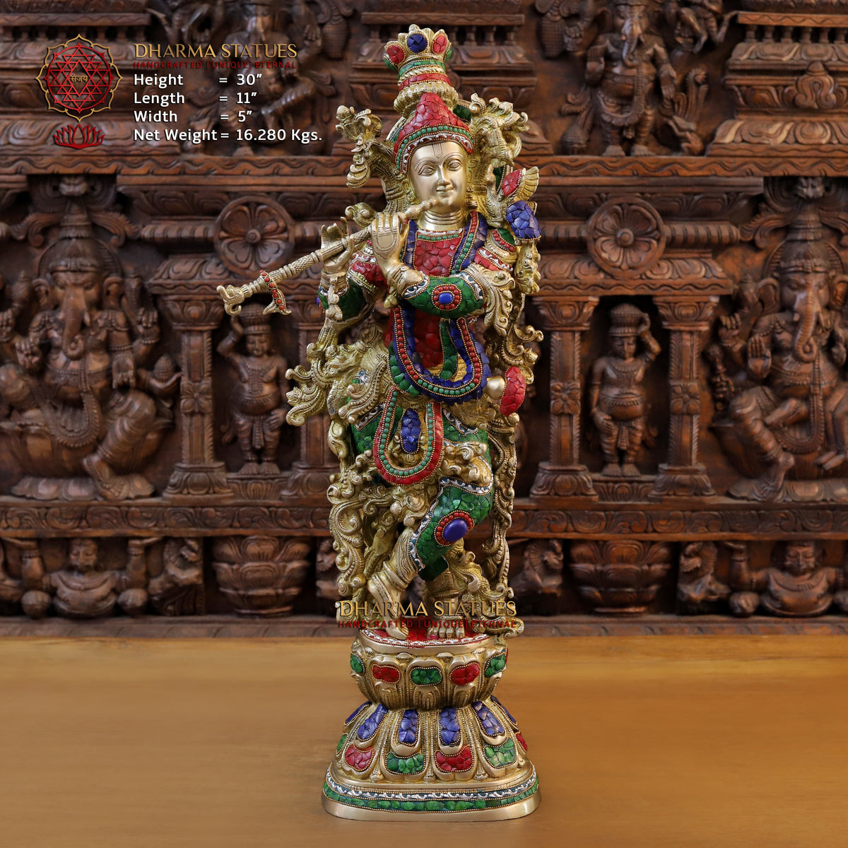 Brass Krishna Playing Flute, Stonework & Golden Finish, 30"