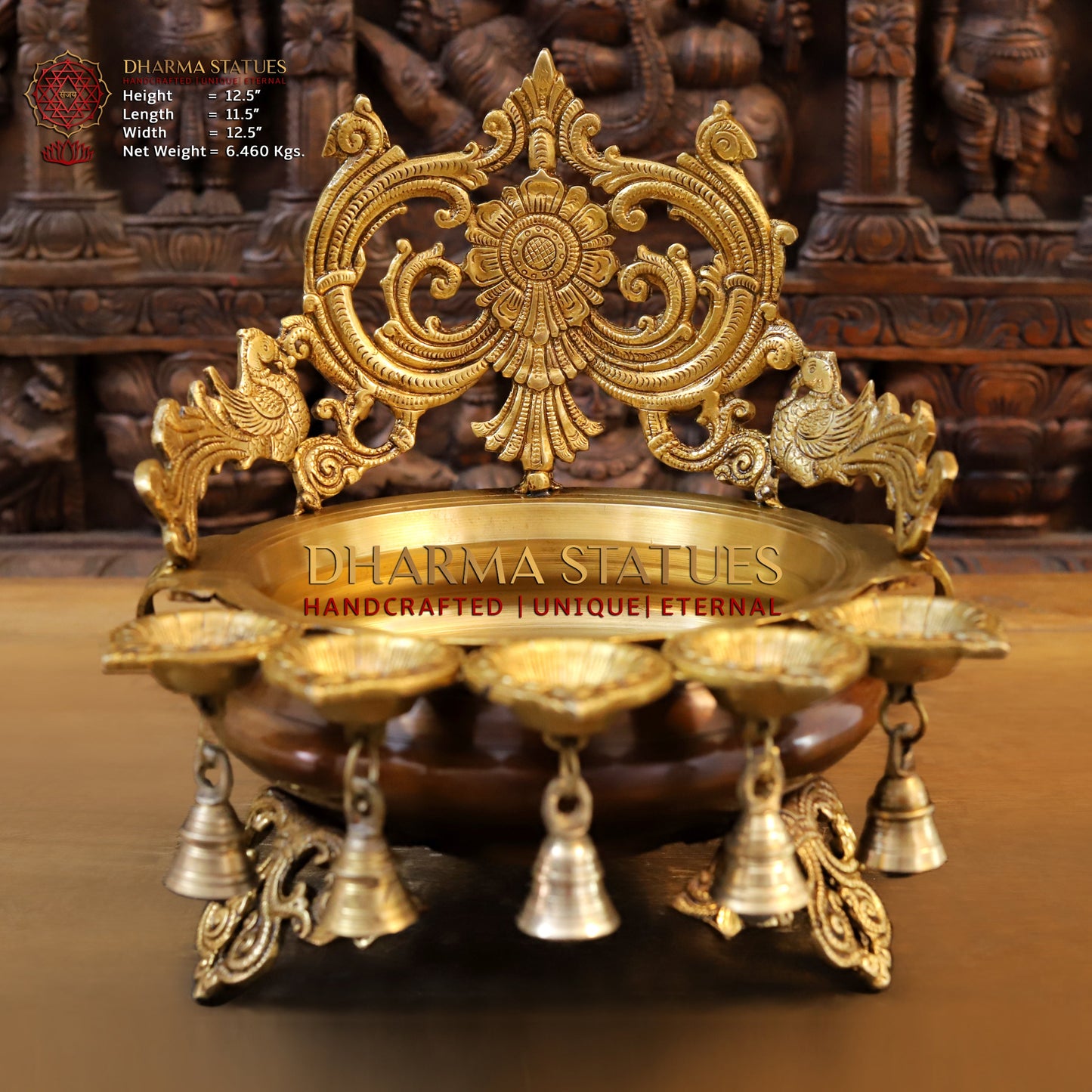 Brass Urli with 5 Diya, Golden Finish, 12.5"