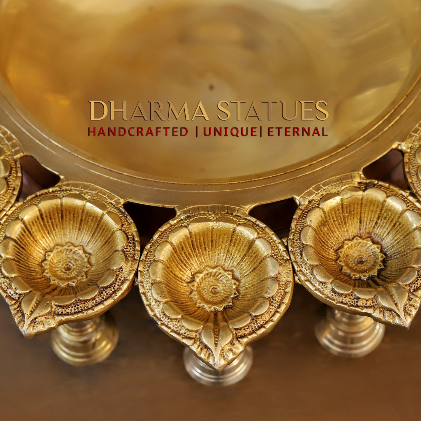 Brass Urli with 5 Diya, Golden Finish, 12.5"