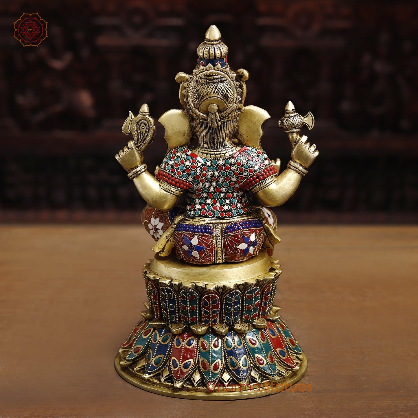 Ganesh Seated On lotus Pedestal, Stone work 14.5"