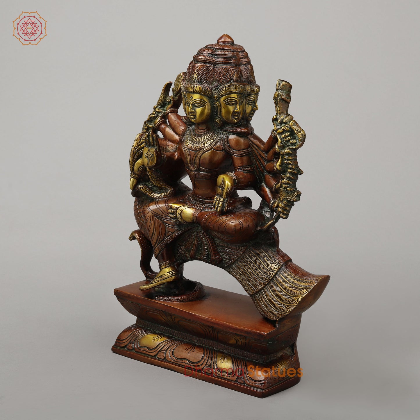 Brass Kartikeya With Six Head Seated on Peacock, Copper & Green Finish, 16"