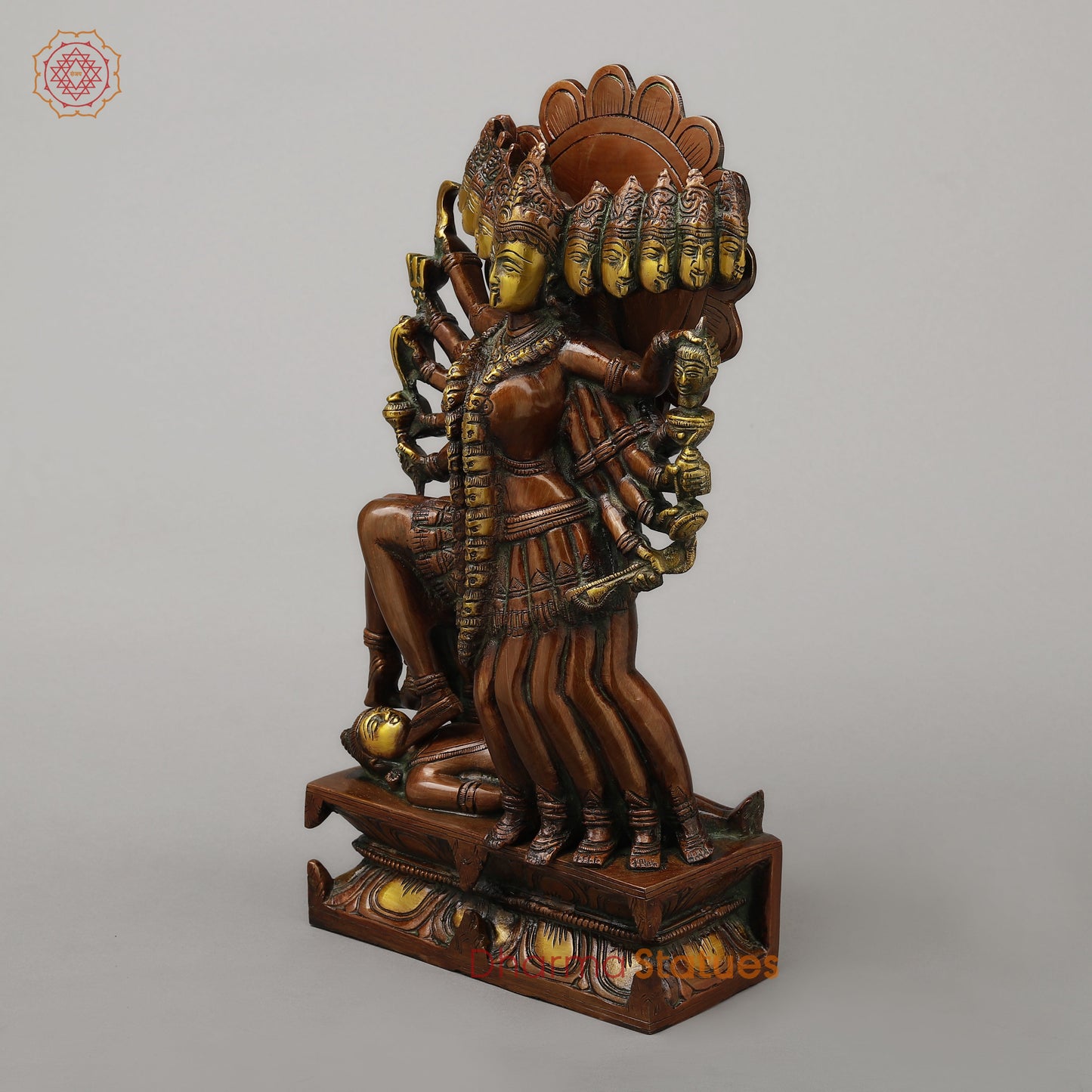 Brass Kali With Ten Heads, Golden & Copper Finish, 15.5"