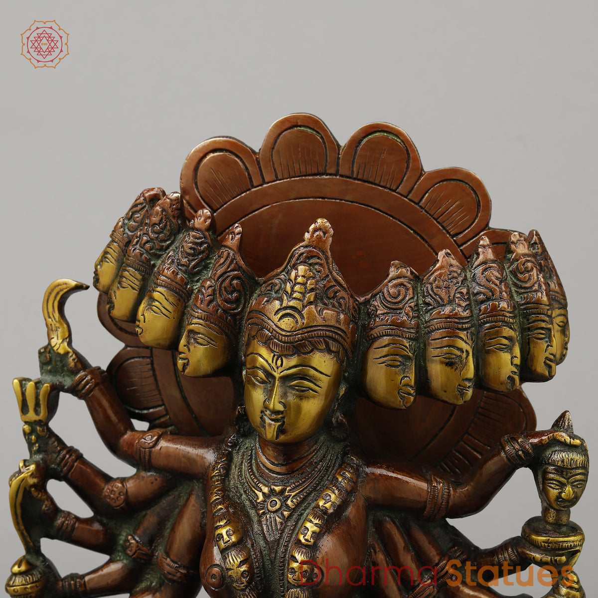 Brass Kali With Ten Heads, Golden & Copper Finish, 15.5"