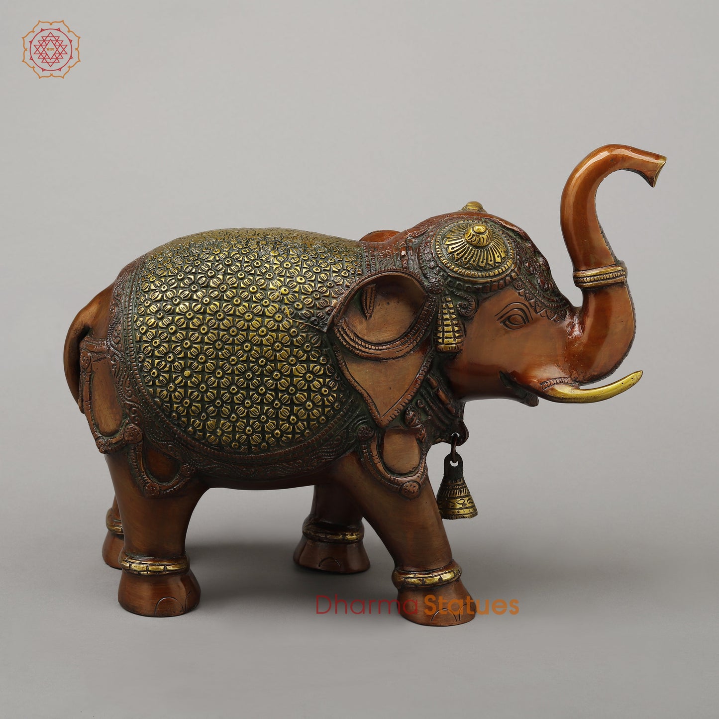 Brass Elephant with Bell, Copper & Golden Finish, 11.5"