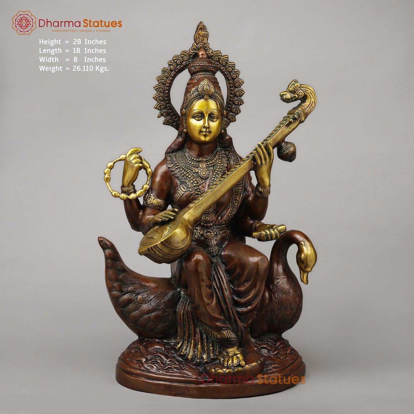Brass Sarswati Seated on Swan, Copper & Golden Finish, 28"