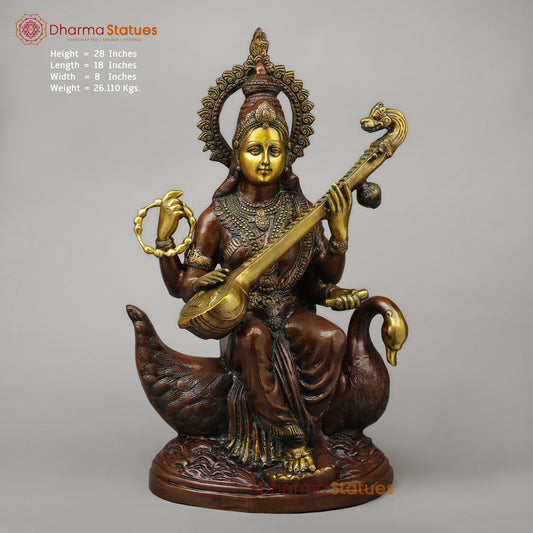 Brass Sarswati Seated on Swan, Copper & Golden Finish, 28"