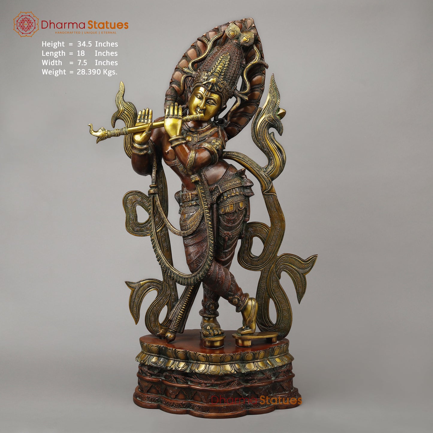 Brass Tribhanga Krishna Playing Flute, Copper & Golden Finish, 34.5"