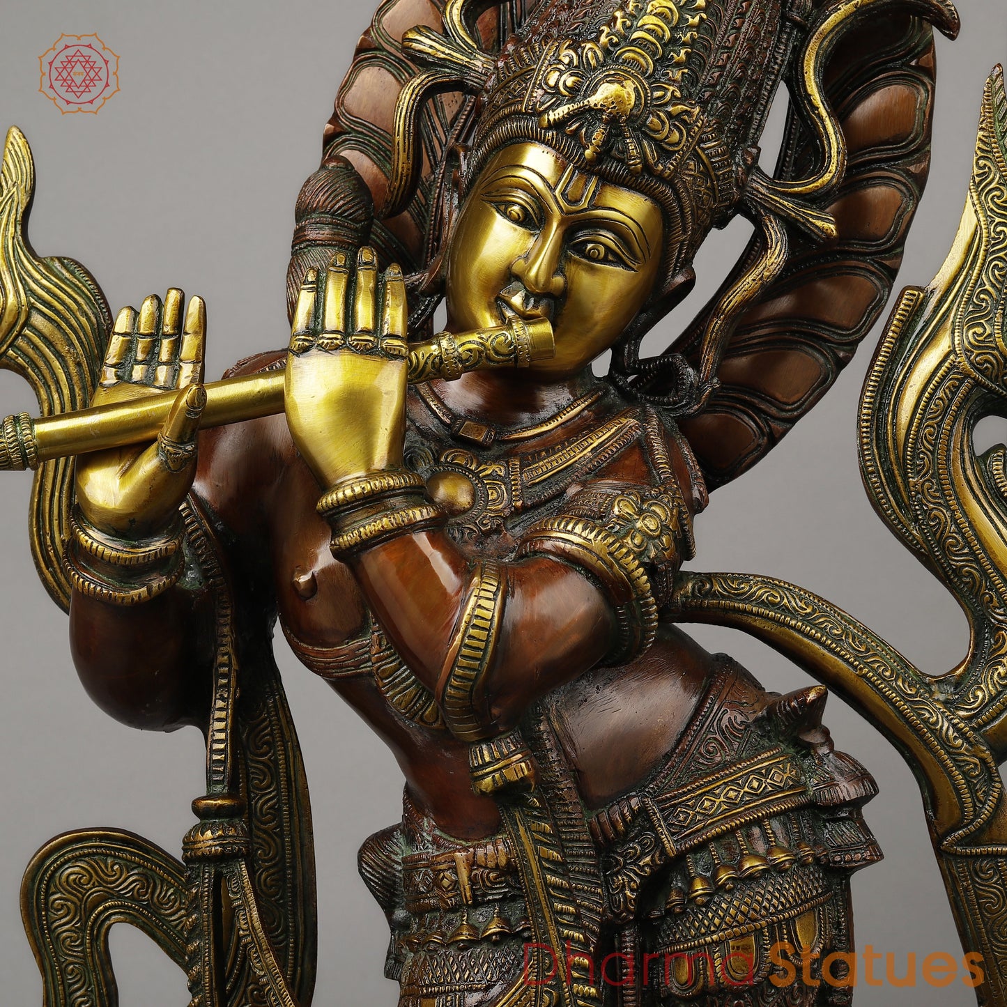Brass Tribhanga Krishna Playing Flute, Copper & Golden Finish, 34.5"