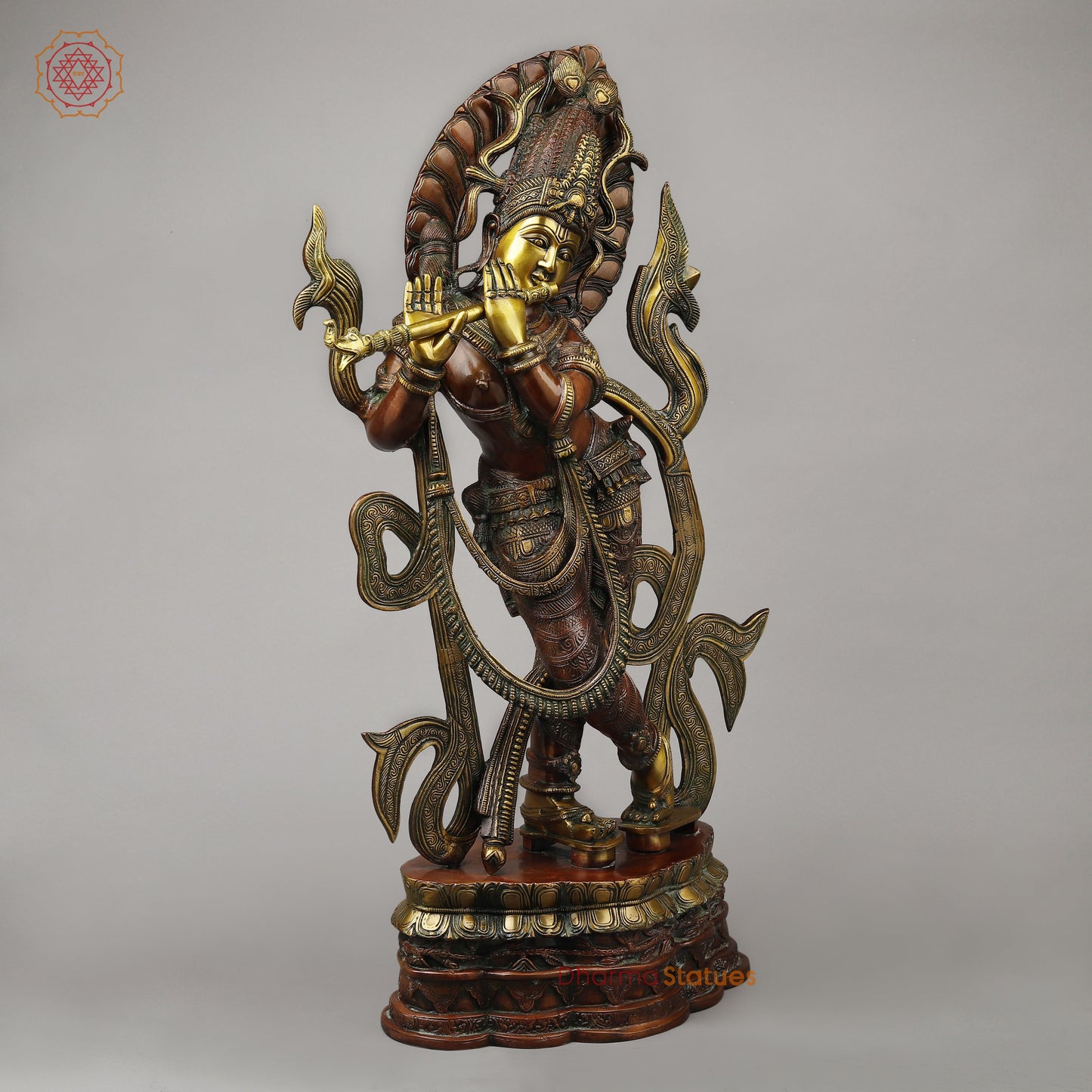 Brass Tribhanga Krishna Playing Flute, Copper & Golden Finish, 34.5"