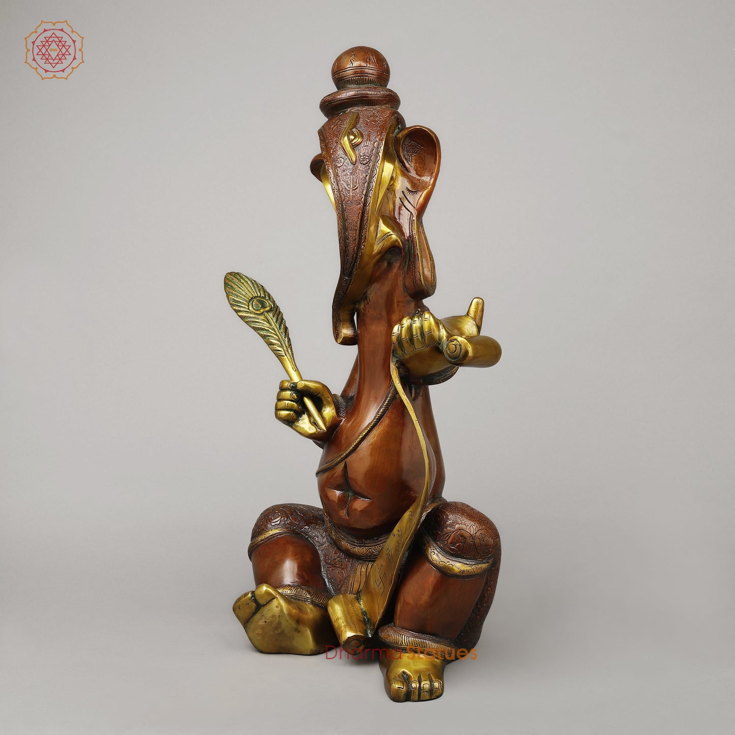 Brass Abstract Ganesh Writing Ramayana, Copper & Golden Finish, 23"