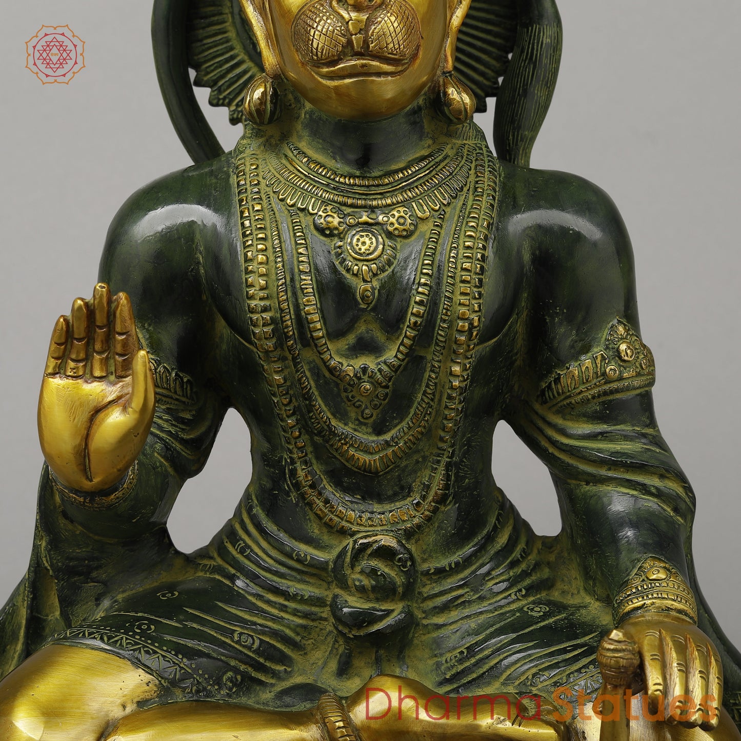 Brass Hanuman Seated in Blessing Position, Exquisite Gold & Green Patina, 17.5"