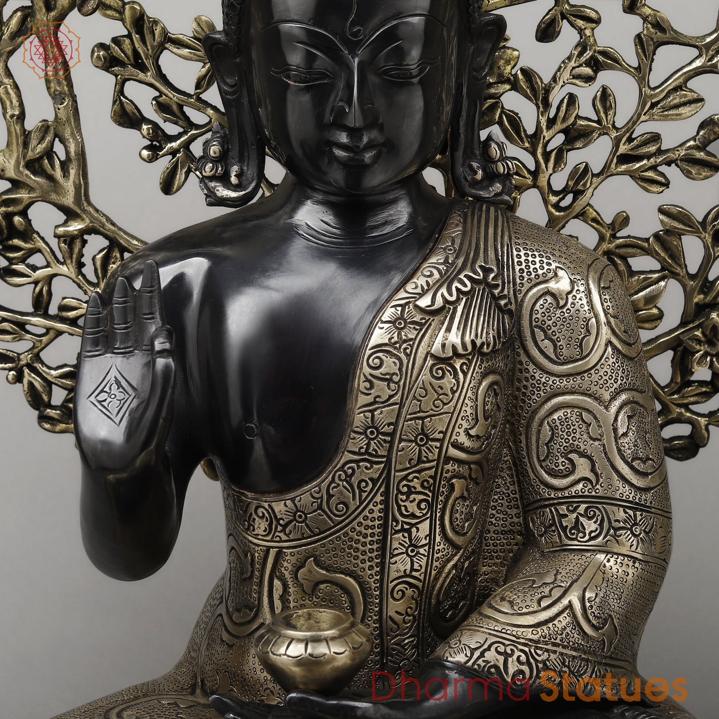 Brass Buddha Seated in Blessing Posture with Bodhi Tree, Black Patina & Golden Finish, 25"