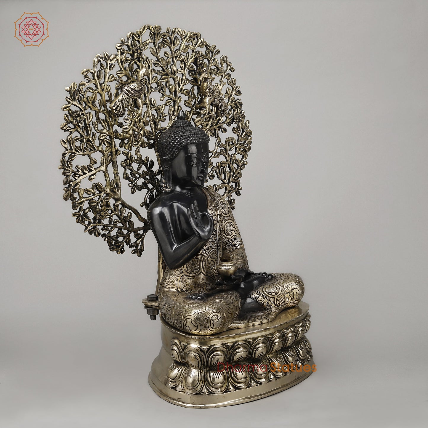 Brass Buddha Seated in Blessing Posture with Bodhi Tree, Black Patina & Golden Finish, 25"