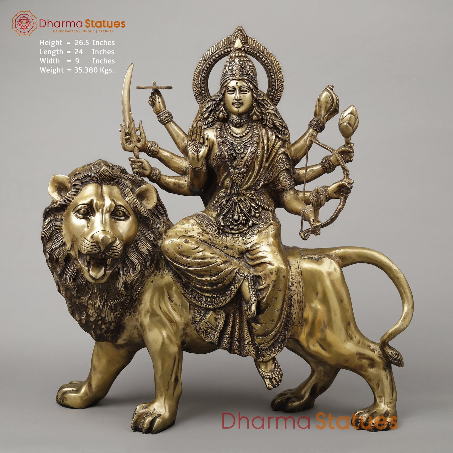 Brass Durga with 8 Arms Seated on Lion, Dark Golden Finish, 26.5"