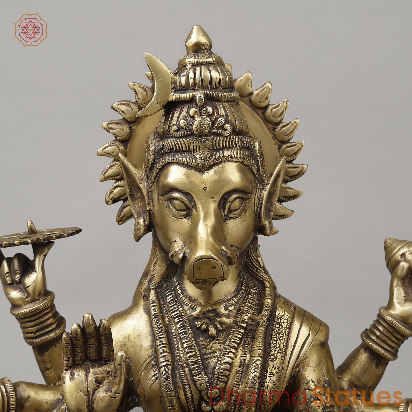 Brass Varahi With 8 Arms Seated on Lion, Dark Golden Finish, 20"
