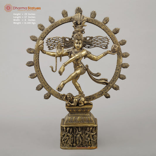 Brass Nataraj With Shiva & Parwati Postures On Base, Antique Golden Finish, 23"