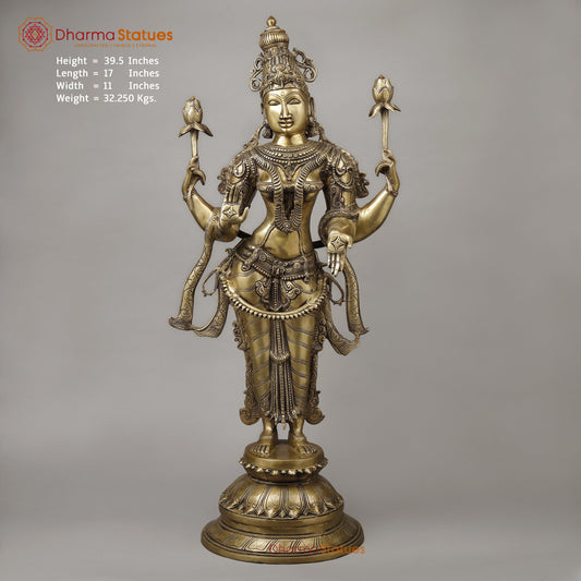 Brass Dhan Lakshmi Standing on Blooming Lotus, Fine Smooth Finish, 39.5"