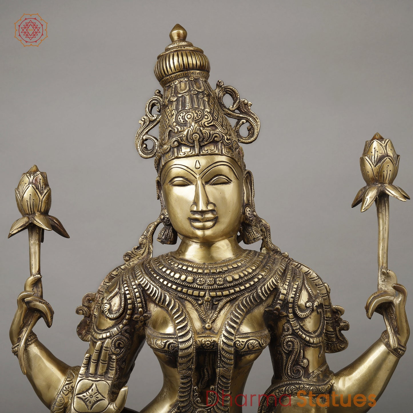 Brass Dhan Lakshmi Standing on Blooming Lotus, Fine Smooth Finish, 39.5"