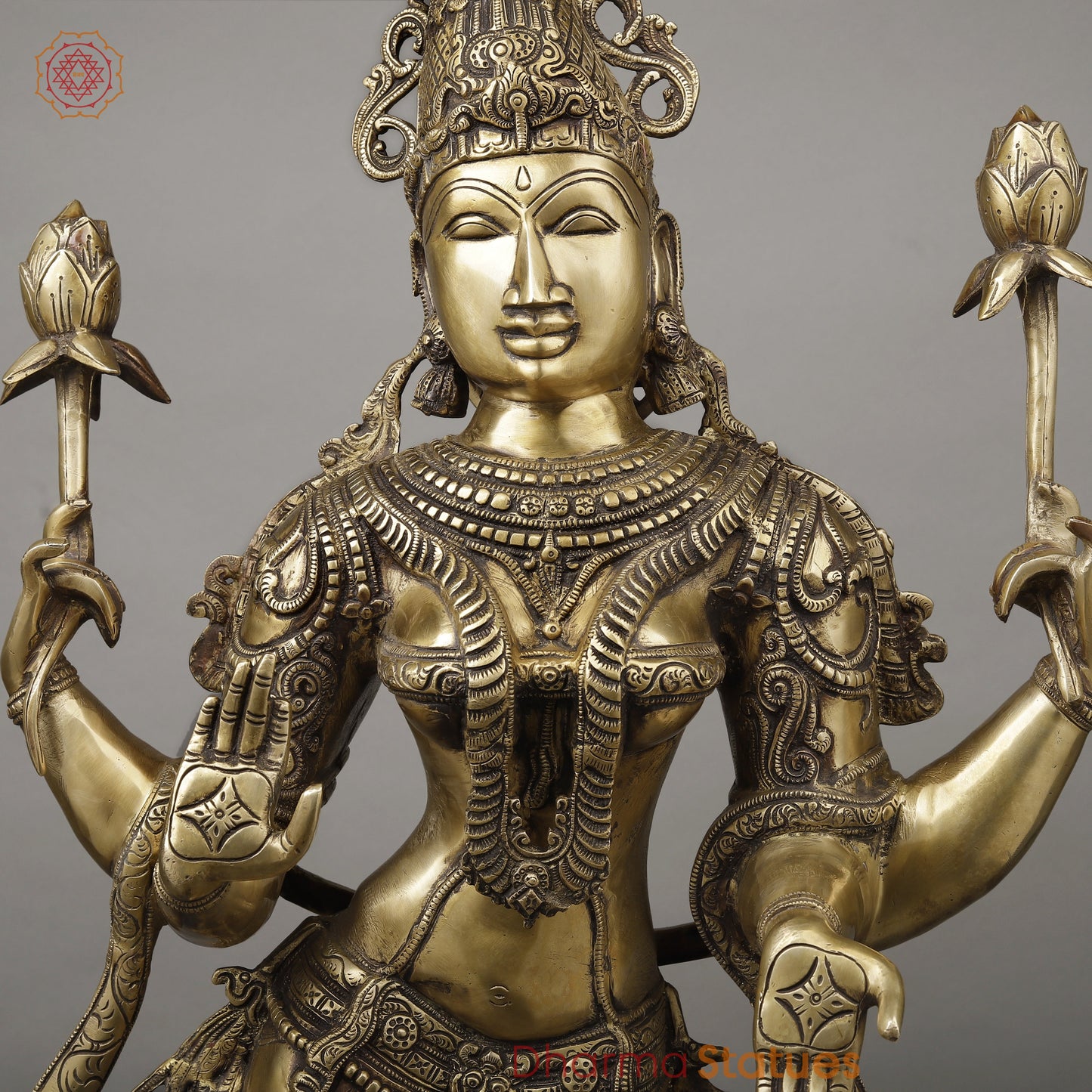 Brass Dhan Lakshmi Standing on Blooming Lotus, Fine Smooth Finish, 39.5"