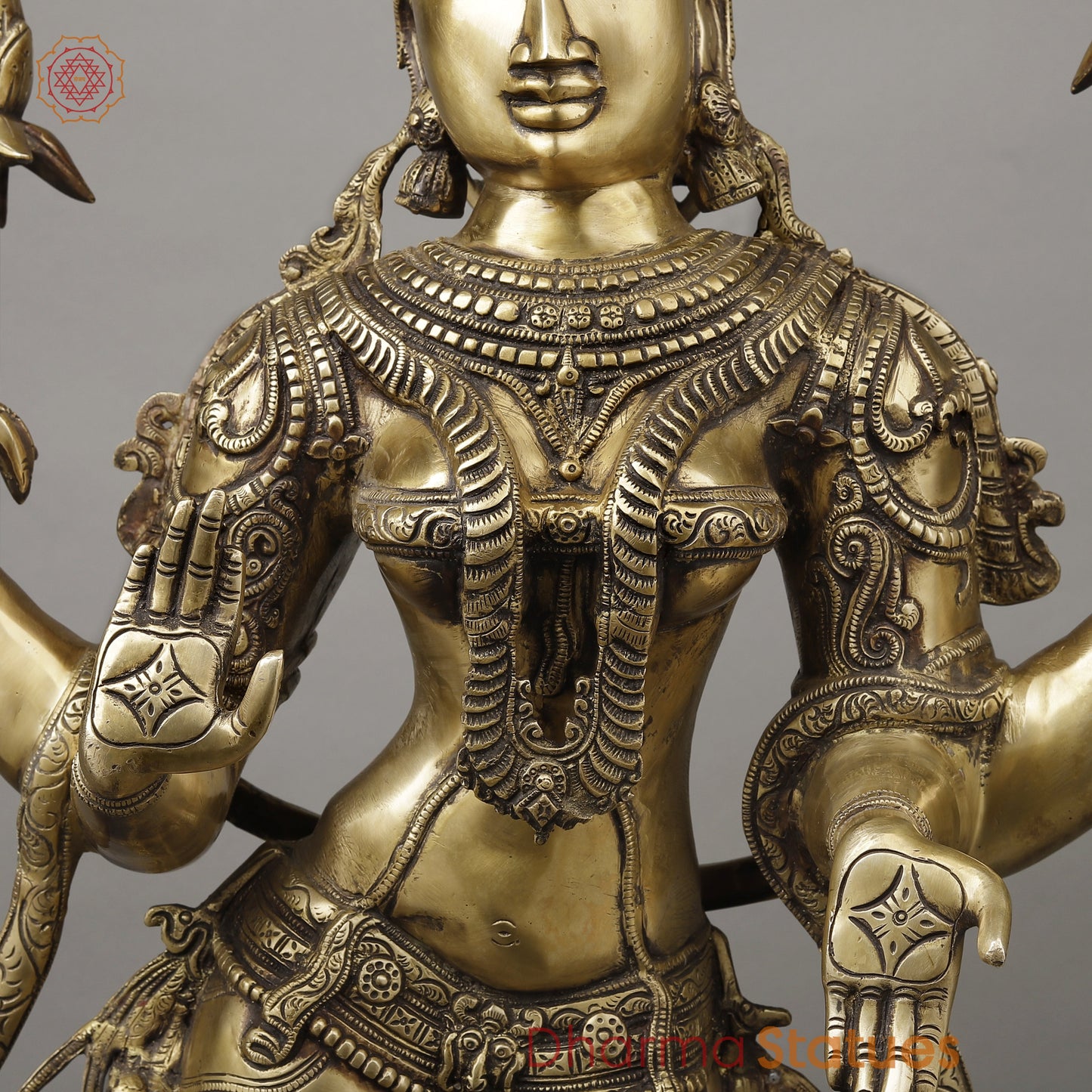 Brass Dhan Lakshmi Standing on Blooming Lotus, Fine Smooth Finish, 39.5"