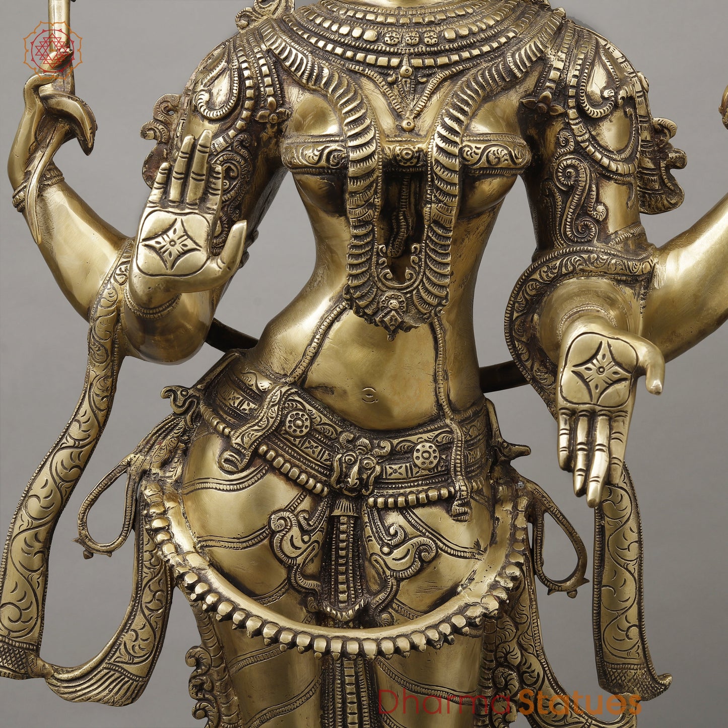 Brass Dhan Lakshmi Standing on Blooming Lotus, Fine Smooth Finish, 39.5"