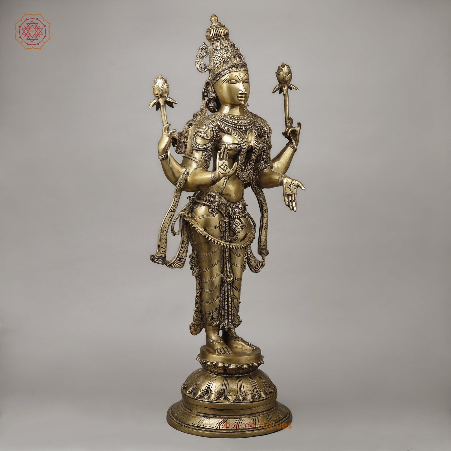 Brass Dhan Lakshmi Standing on Blooming Lotus, Fine Smooth Finish, 39.5"