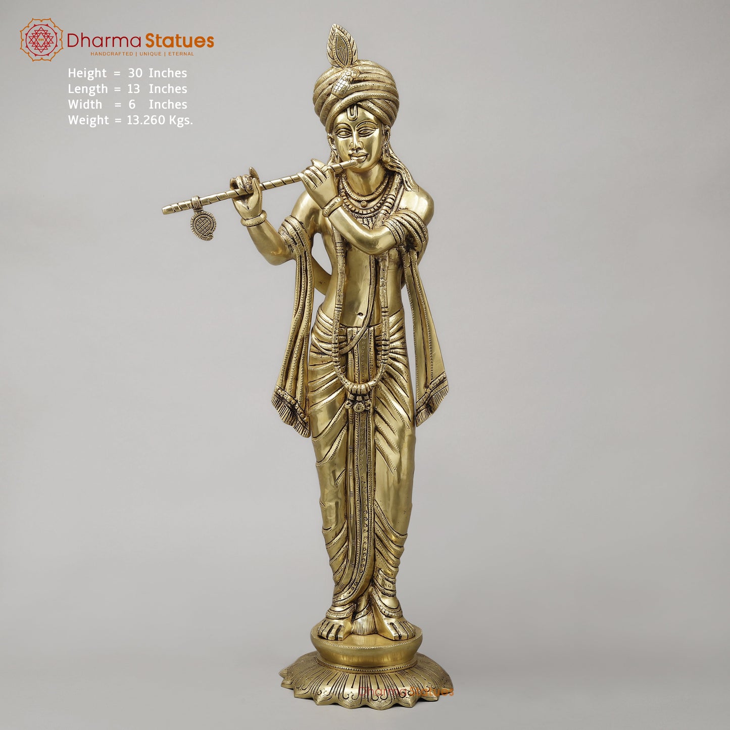 Brass Mathura Krishna Plating Flute, Golden Finish, 30"