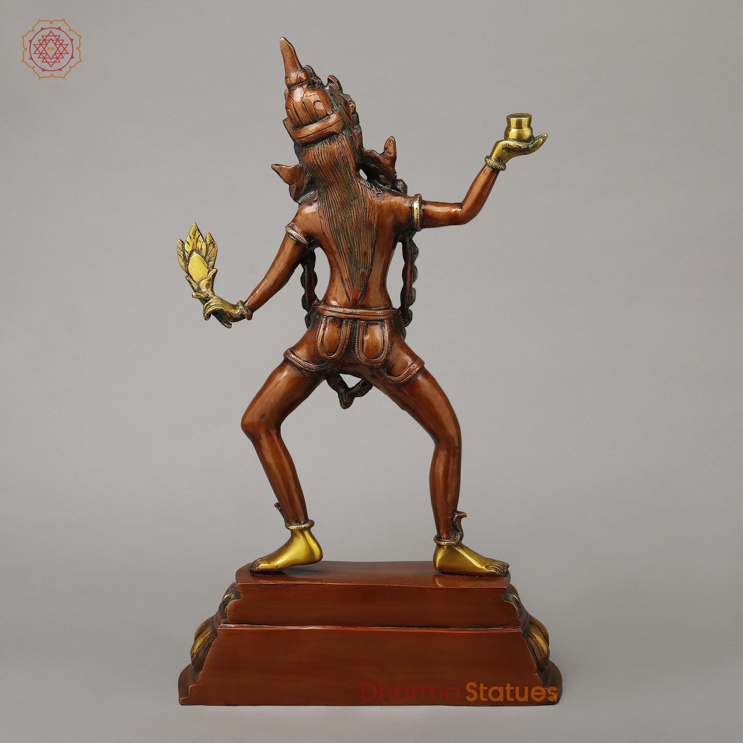 Brass Kaali Standing Wearing a Crown & Garland of Skulls, Copper & Golden Finish, 22.5"
