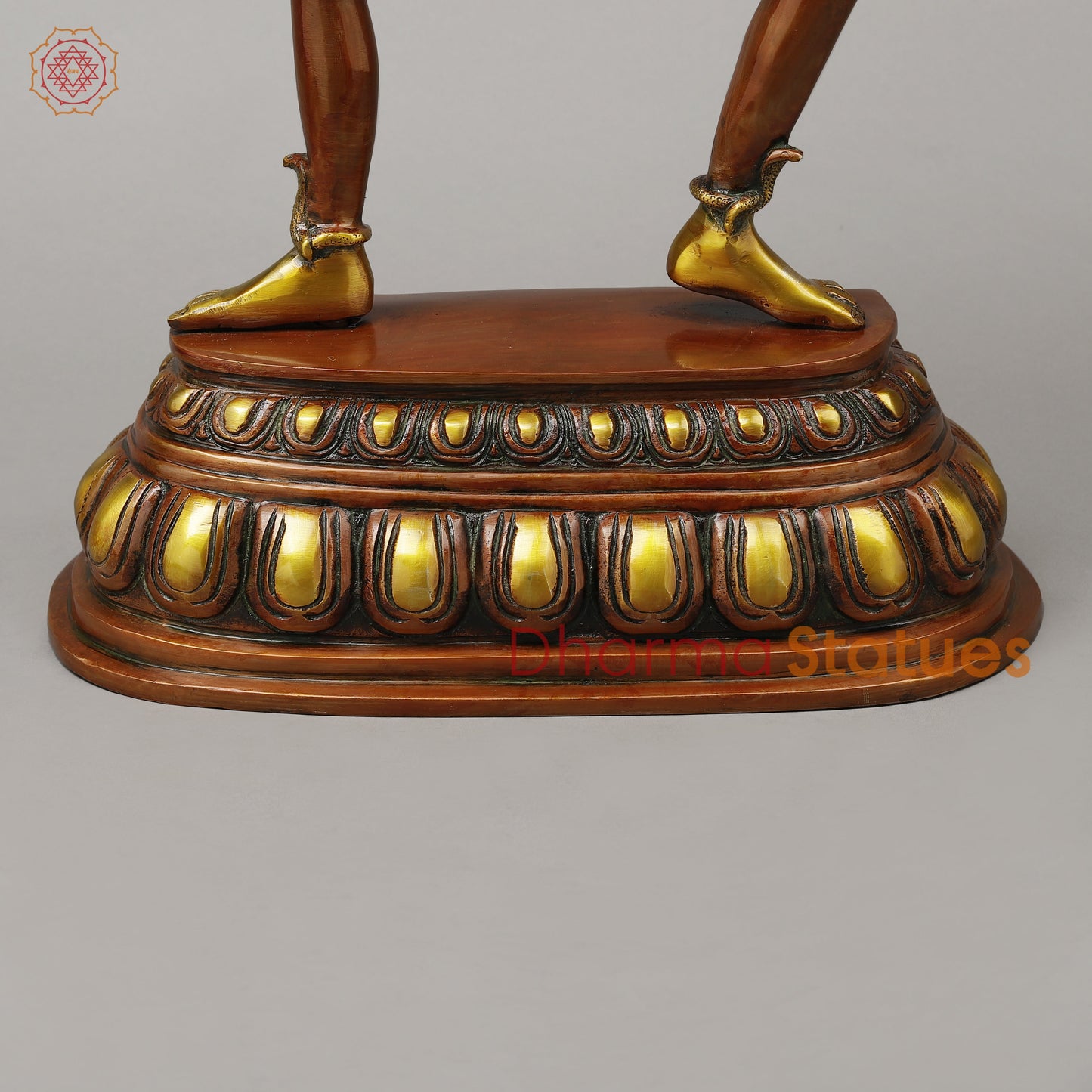 Brass Kaali Standing Wearing a Crown & Garland of Skulls, Copper & Golden Finish, 22.5"