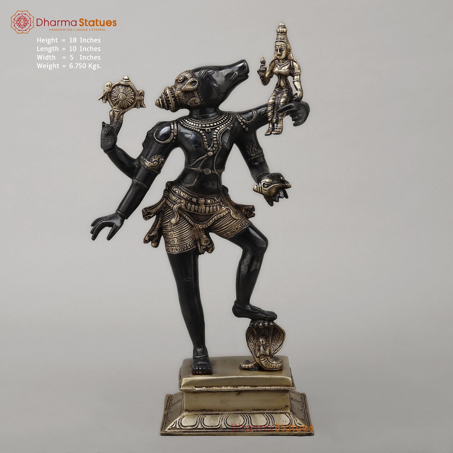 Brass Varaha with Lord Vishnu, Black Patina & Golden Finish, 18"
