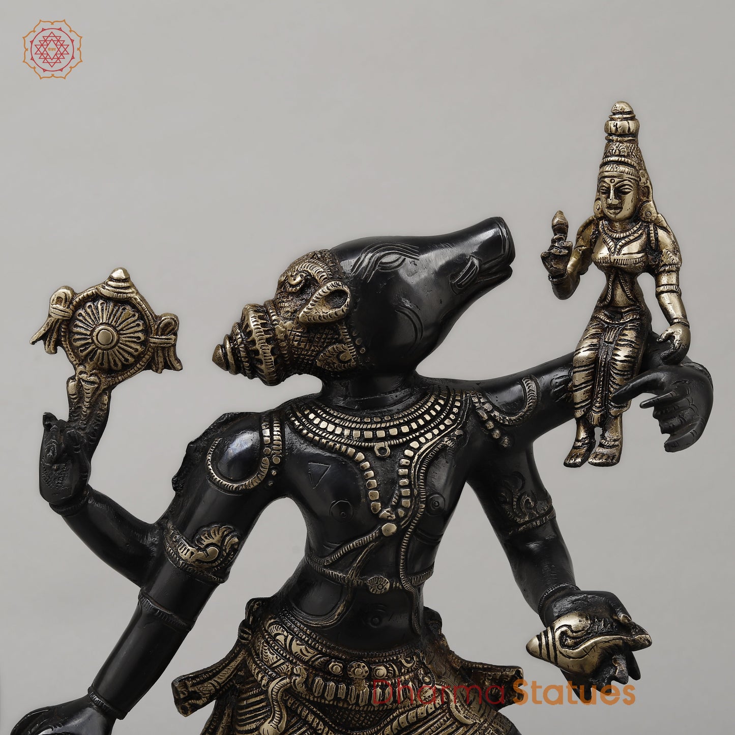 Brass Varaha with Lord Vishnu, Black Patina & Golden Finish, 18"