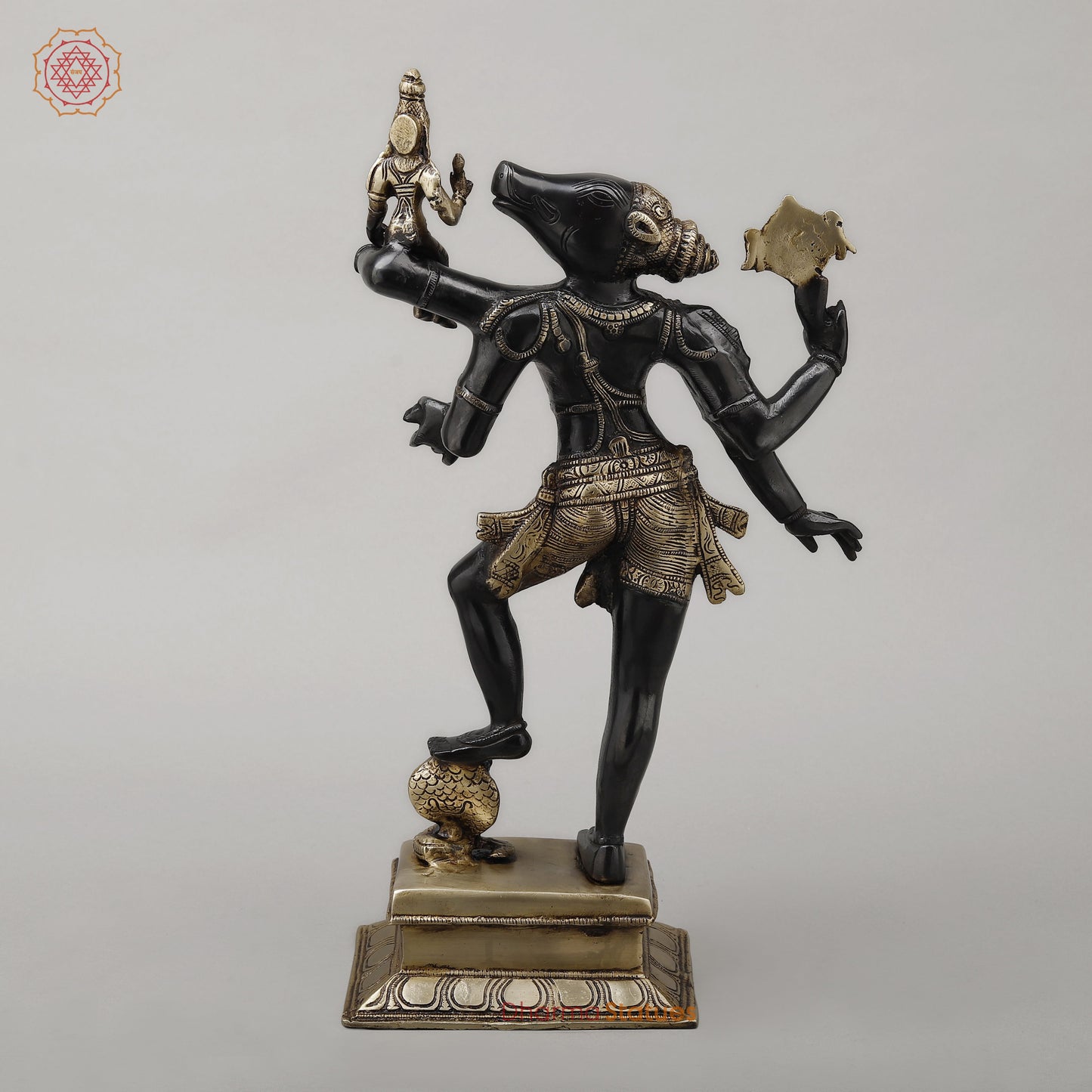 Brass Varaha with Lord Vishnu, Black Patina & Golden Finish, 18"