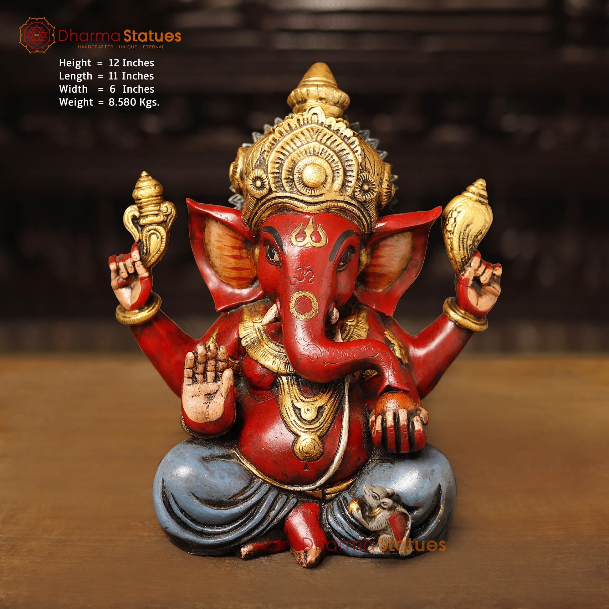 Brass Crown Ganesh sated, Hand Painted, 12" Front View