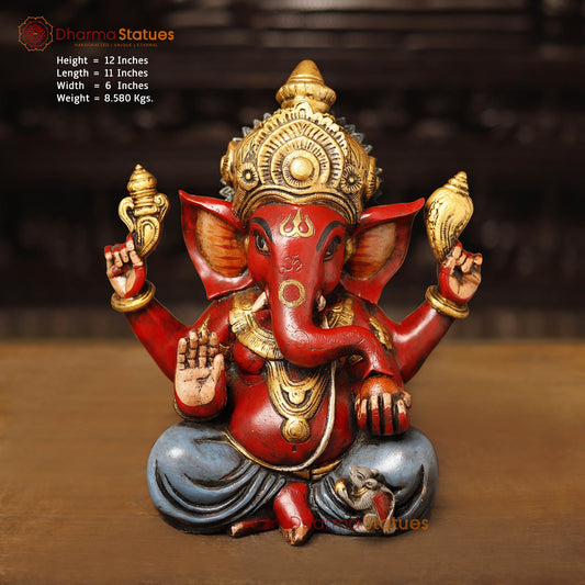 Brass Crown Ganesh sated, Hand Painted, 12" Front View
