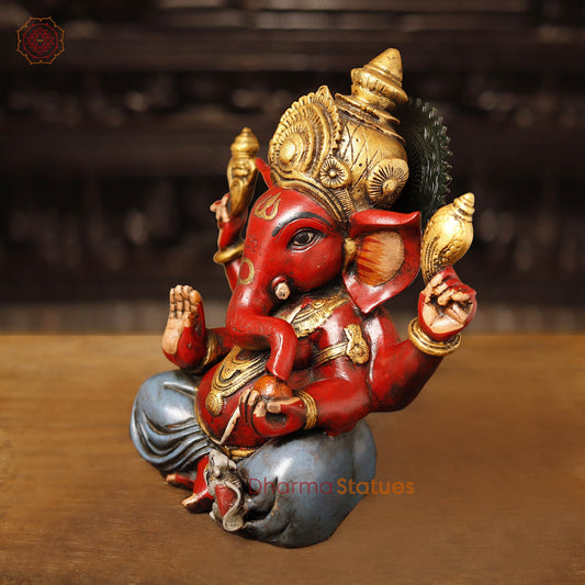Brass Ganesha Idol, seated, Hand Painted, 12"