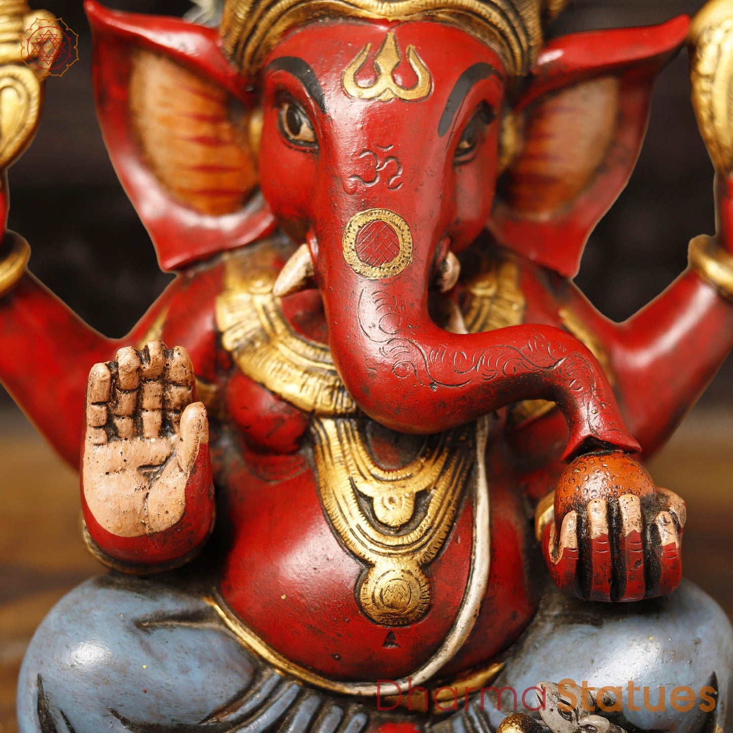 Brass Ganesha Idol, seated, Hand Painted, 12"