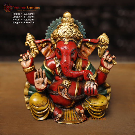 Brass Ganesh Seated, Hand painted vibrant red and yellow colors, 8.5" Front View