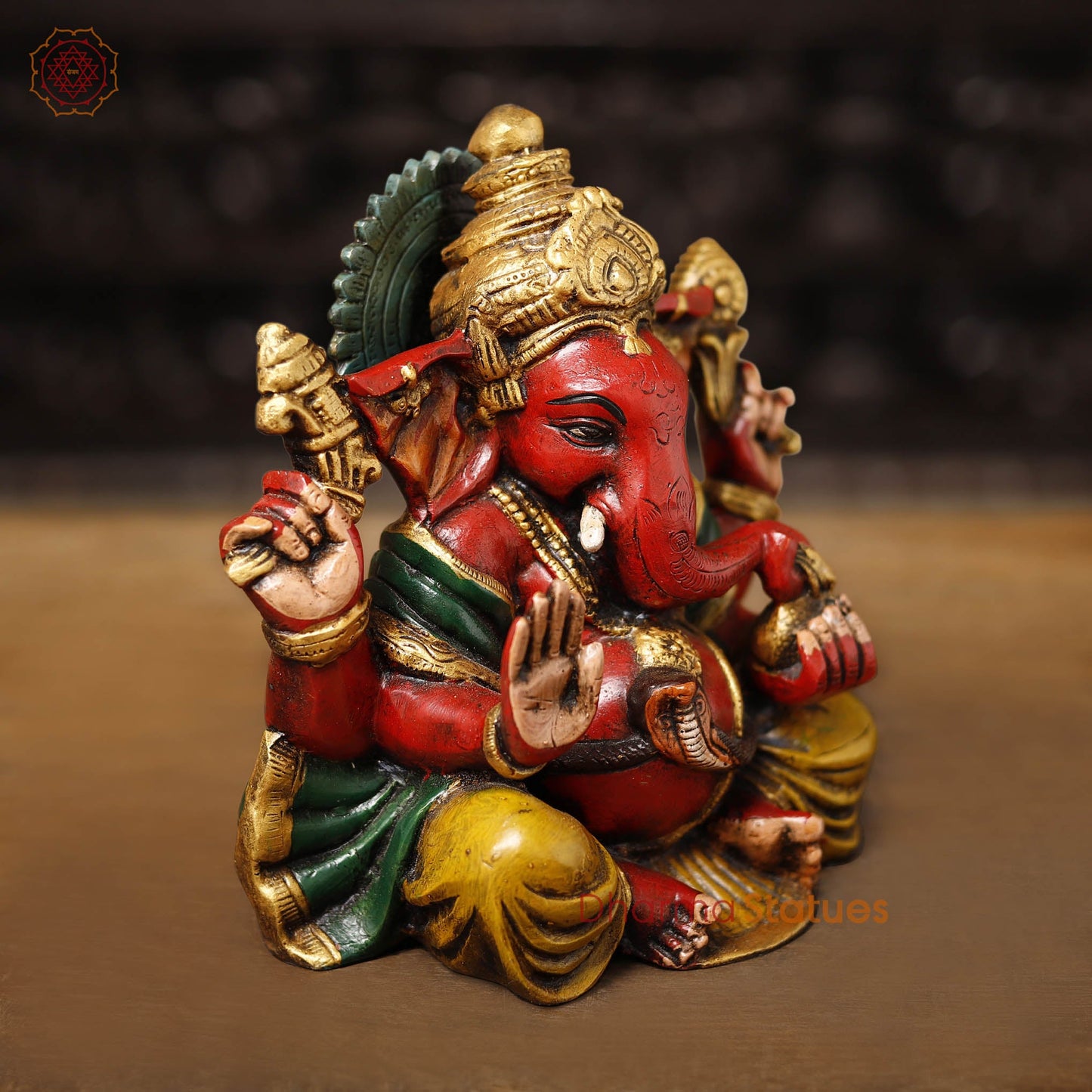 Brass Ganesh Seated, Hand painted vibrant red and yellow colors, 8.5"