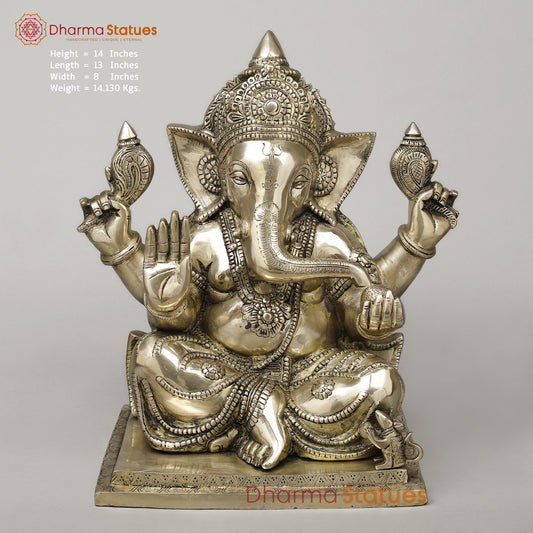 Brass Ganesh Seated in Blessing Posture, Smooth Finish, 14"