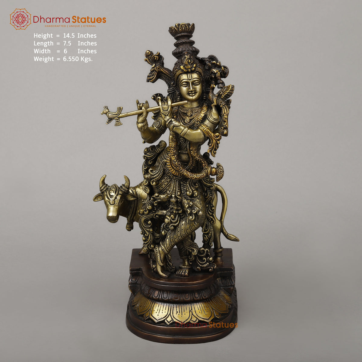 Brass Krishna Playing Flute with Cow, Copper & Golden Finish, 14.5"