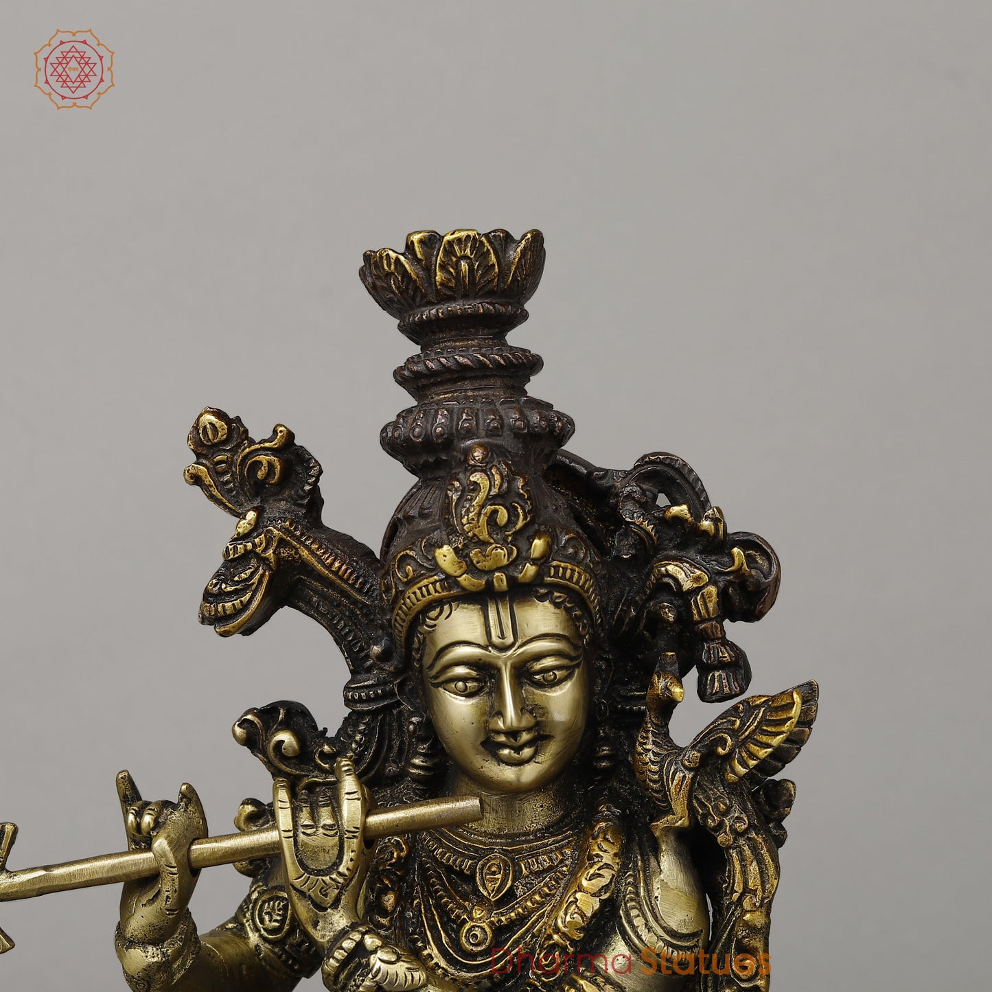 Brass Krishna Playing Flute with Cow, Copper & Golden Finish, 14.5"
