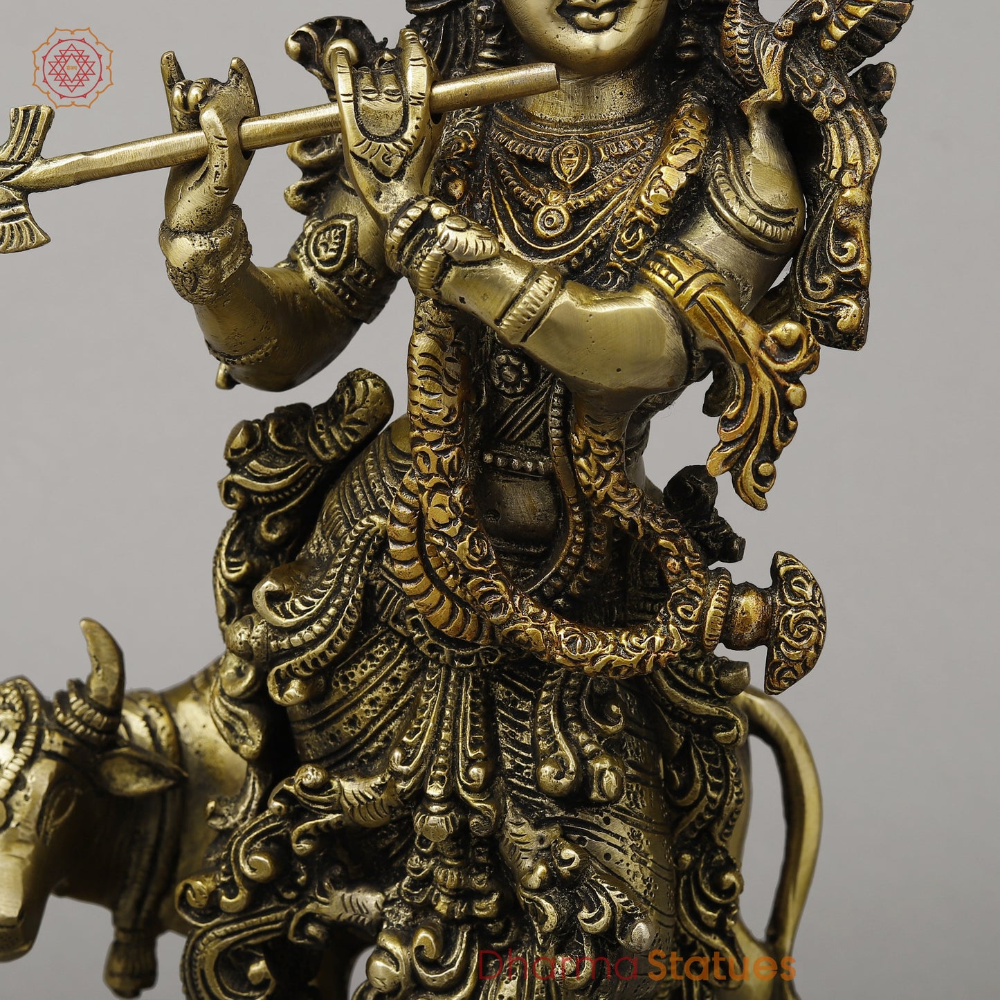 Brass Krishna Playing Flute with Cow, Copper & Golden Finish, 14.5"