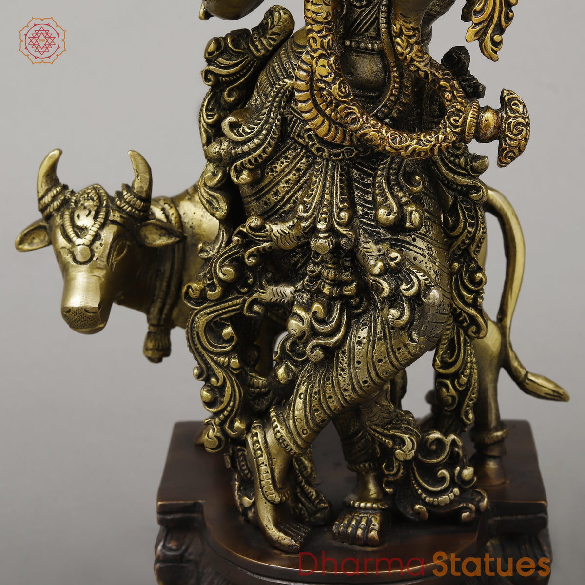 Brass Krishna Playing Flute with Cow, Copper & Golden Finish, 14.5"
