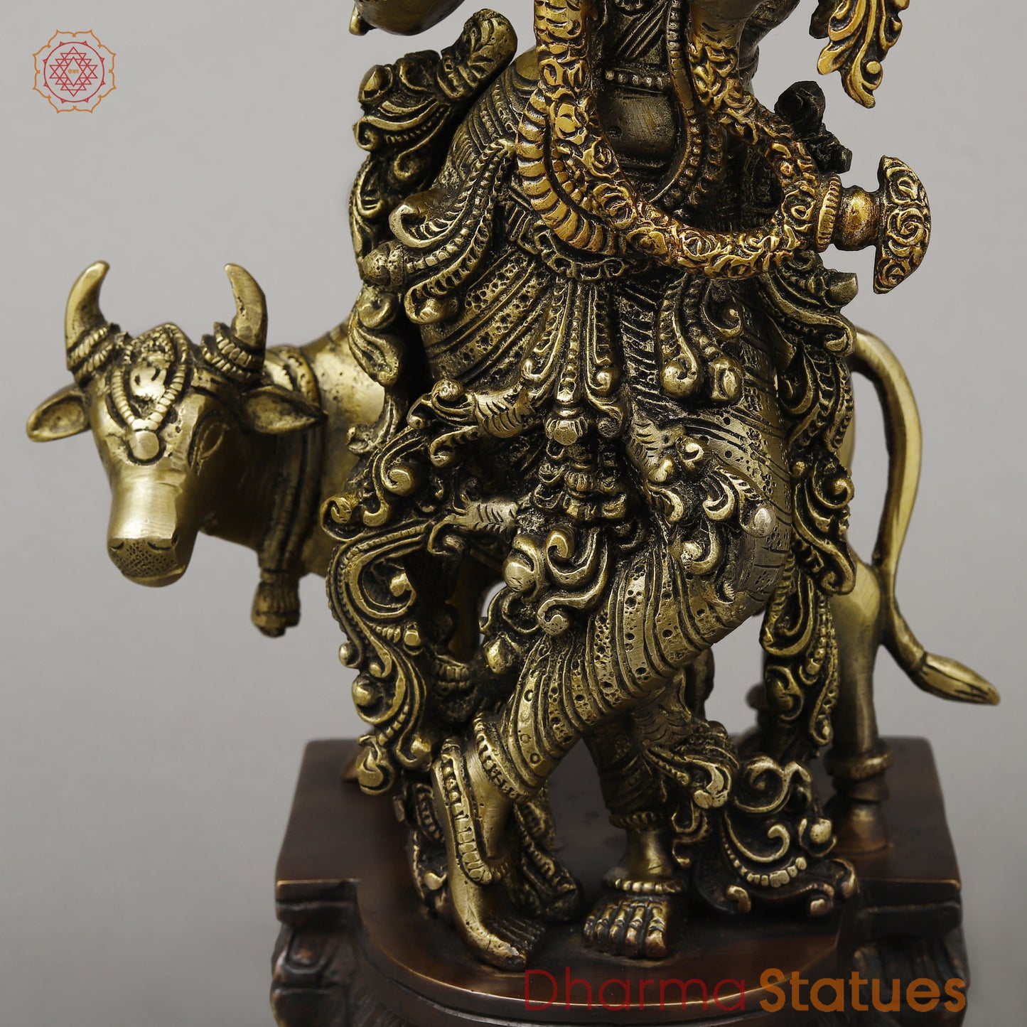 Brass Krishna Playing Flute with Cow, Copper & Golden Finish, 14.5"